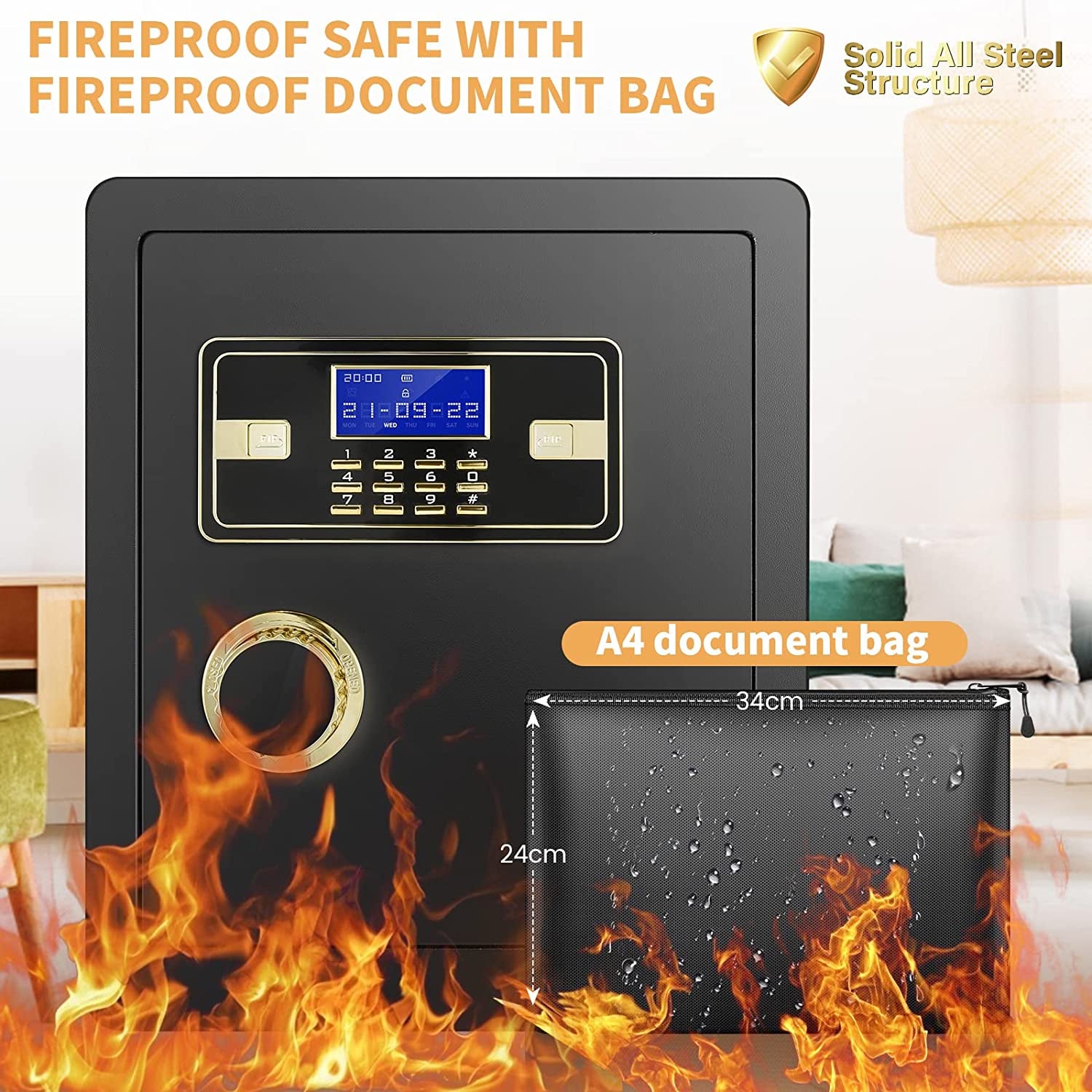 2.2 Cubic Foot Fireproof and Waterproof Safe Box with Digital Combination Lock, Electronic Keypad, and Interior Key Lock for Secure Storage of Cash and Important Documents