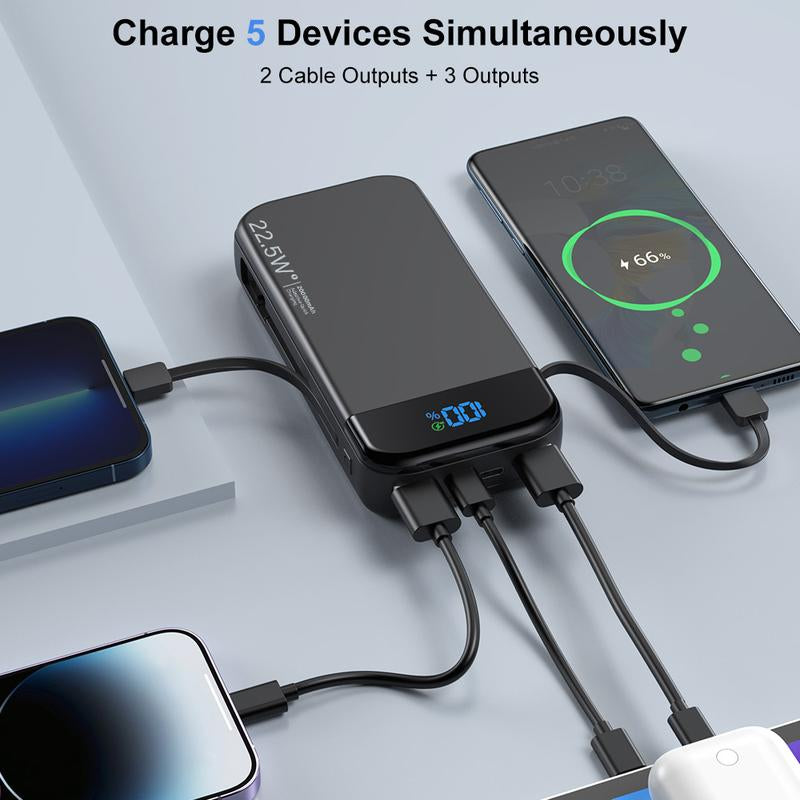 32000Mah Portable Charger with Built-In Cables, 22.5W Super Fast Charging Power Bank, Dual USB Output, 5 Outputs & 3 Inputs, 5 Outputs LCD Display Travel Battery Pack Compatible with Iphone, Samsung All Cell Phones