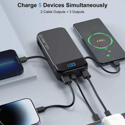 32000Mah Portable Charger with Built-In Cables, 22.5W Super Fast Charging Power Bank, Dual USB Output, 5 Outputs & 3 Inputs, 5 Outputs LCD Display Travel Battery Pack Compatible with Iphone, Samsung All Cell Phones