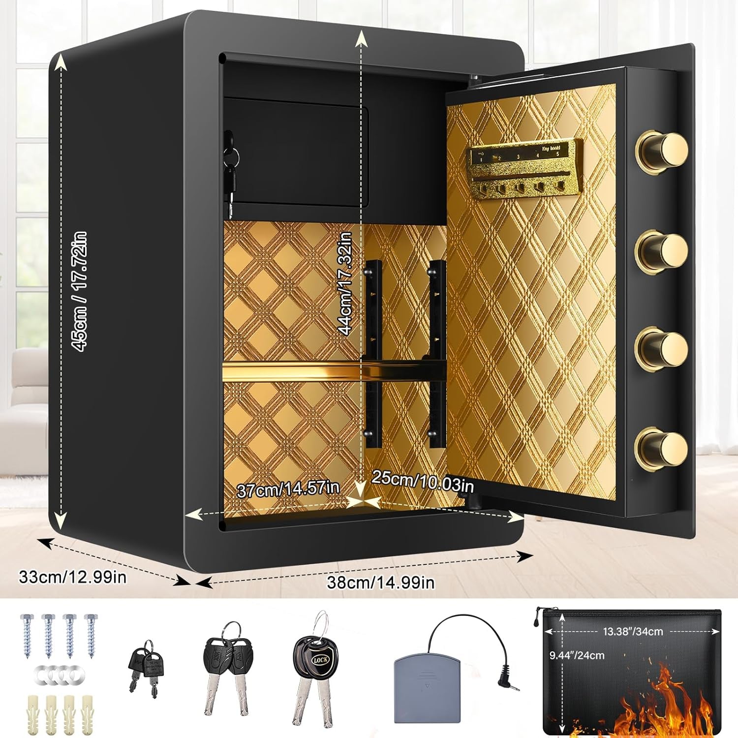 2.2 Cubic Foot Fireproof and Waterproof Safe Box with Digital Combination Lock, Electronic Keypad, and Interior Key Lock for Secure Storage of Cash and Important Documents