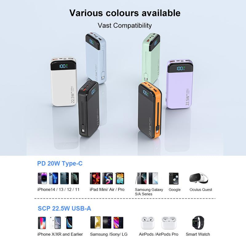 32000Mah Portable Charger with Built-In Cables, 22.5W Super Fast Charging Power Bank, Dual USB Output, 5 Outputs & 3 Inputs, 5 Outputs LCD Display Travel Battery Pack Compatible with Iphone, Samsung All Cell Phones