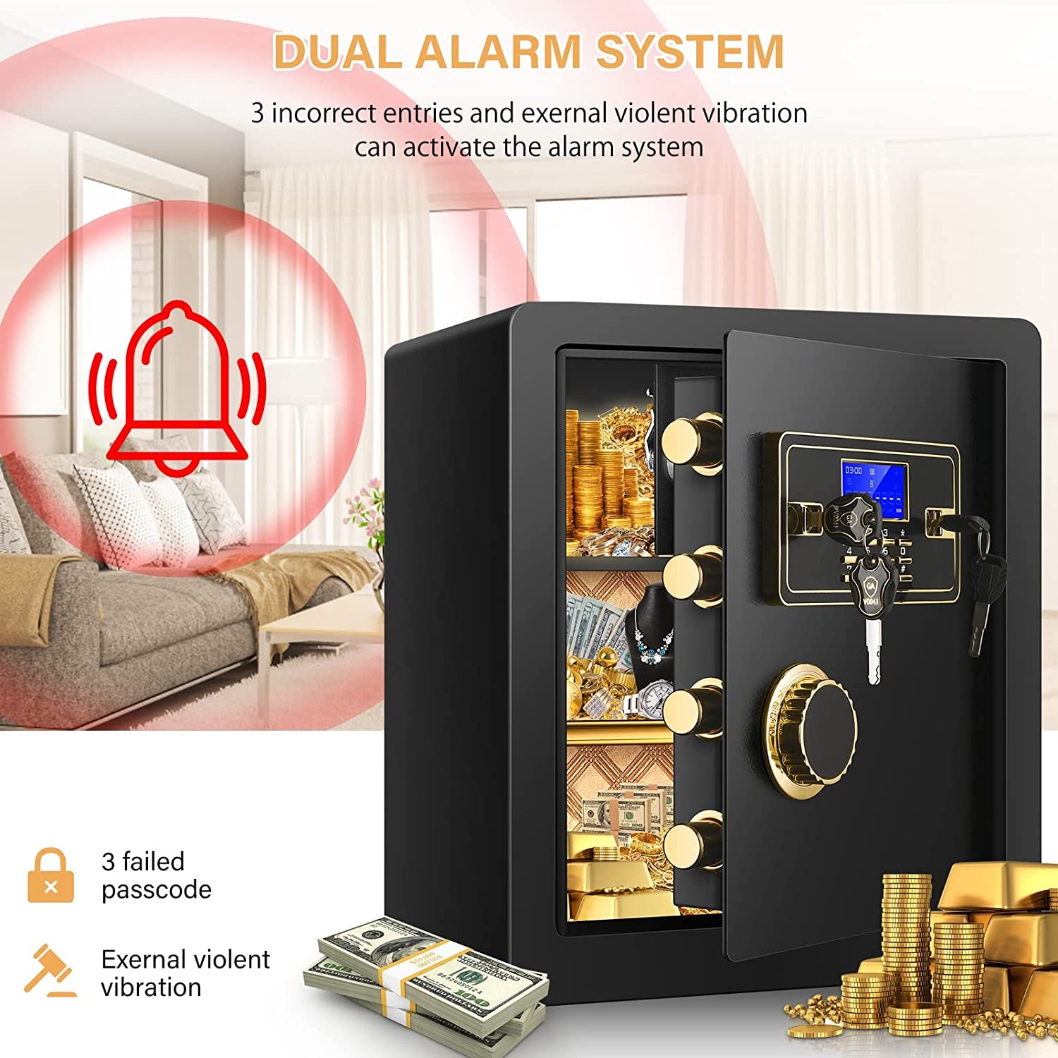 2.2 Cubic Foot Fireproof and Waterproof Safe Box with Digital Combination Lock, Electronic Keypad, and Interior Key Lock for Secure Storage of Cash and Important Documents