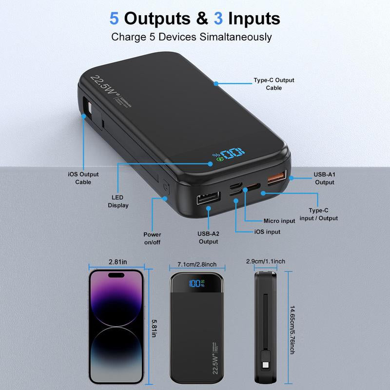 32000Mah Portable Charger with Built-In Cables, 22.5W Super Fast Charging Power Bank, Dual USB Output, 5 Outputs & 3 Inputs, 5 Outputs LCD Display Travel Battery Pack Compatible with Iphone, Samsung All Cell Phones