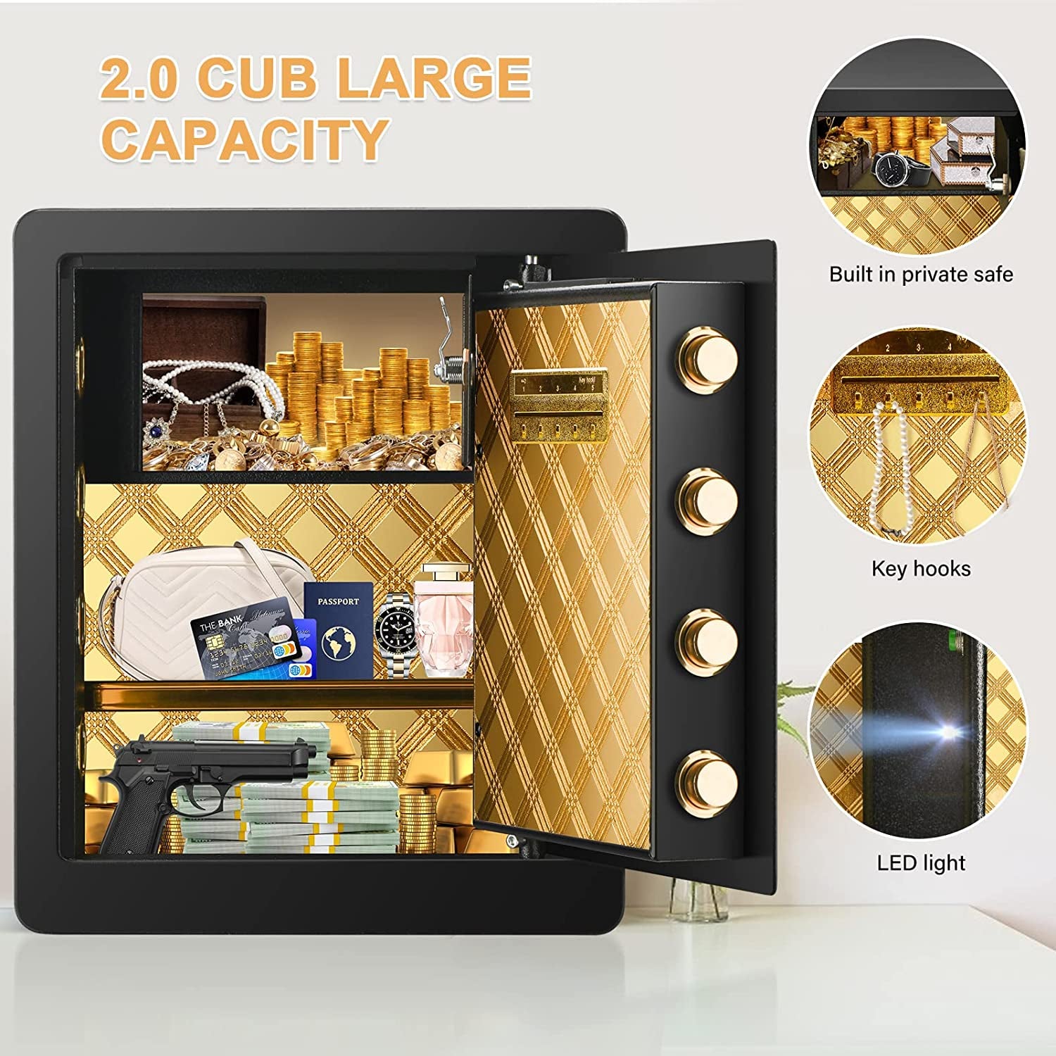 2.2 Cubic Foot Fireproof and Waterproof Safe Box with Digital Combination Lock, Electronic Keypad, and Interior Key Lock for Secure Storage of Cash and Important Documents