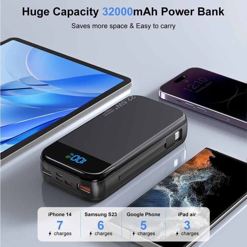 32000Mah Portable Charger with Built-In Cables, 22.5W Super Fast Charging Power Bank, Dual USB Output, 5 Outputs & 3 Inputs, 5 Outputs LCD Display Travel Battery Pack Compatible with Iphone, Samsung All Cell Phones
