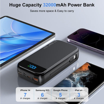 32000Mah Portable Charger with Built-In Cables, 22.5W Super Fast Charging Power Bank, Dual USB Output, 5 Outputs & 3 Inputs, 5 Outputs LCD Display Travel Battery Pack Compatible with Iphone, Samsung All Cell Phones